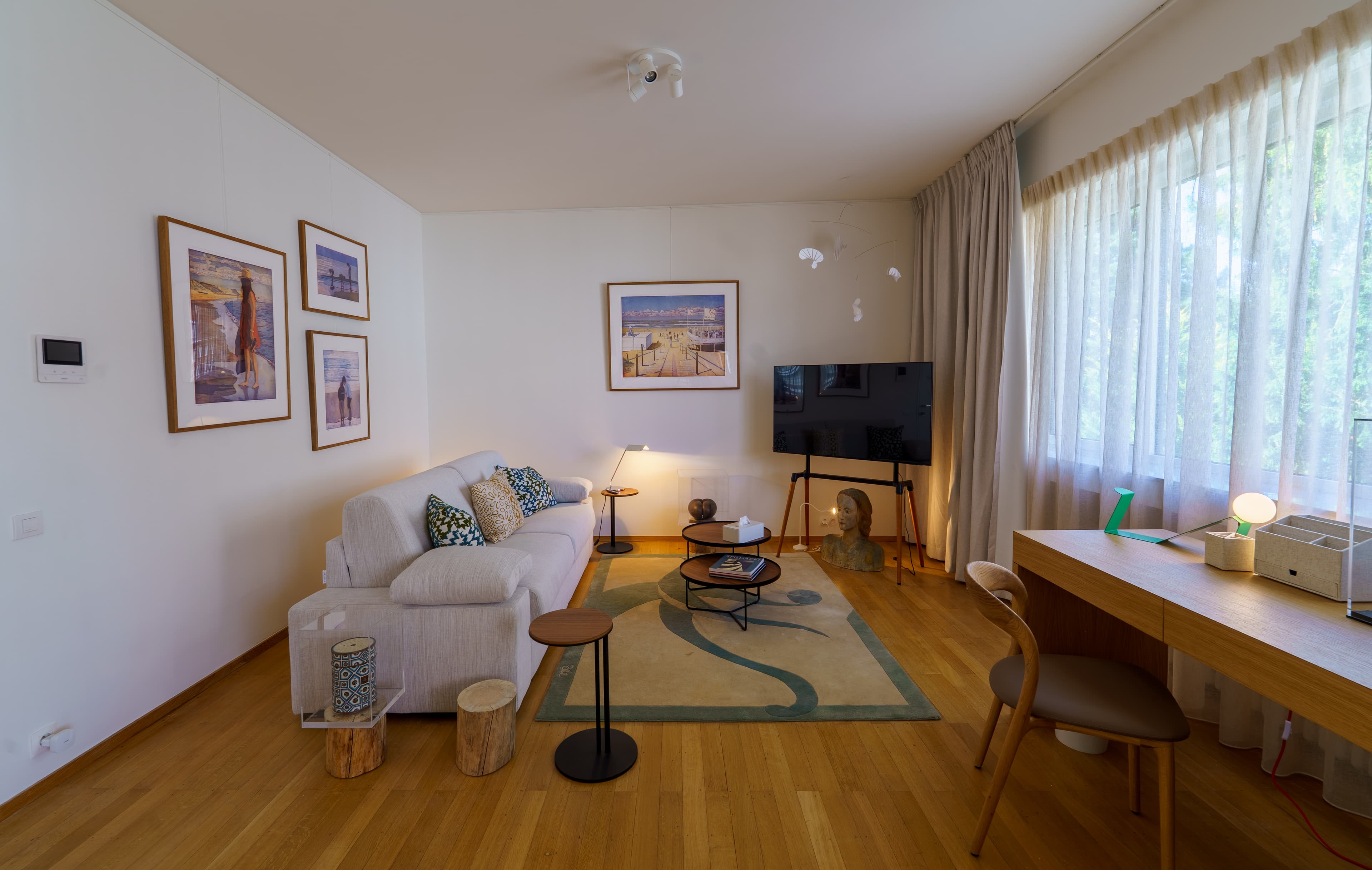 Sitting area with a sofa, framed seaside prints and a television on a teal rug